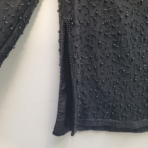 Papell Boutique Evening Black Silk Beaded Tunic Long Sleeve Top Womens Large - Picture 8 of 13
